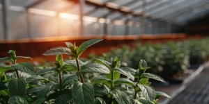Fresh mint plants growing in a greenhouse under warm natural sunlight, showing healthy green leaves and early-stage growth.