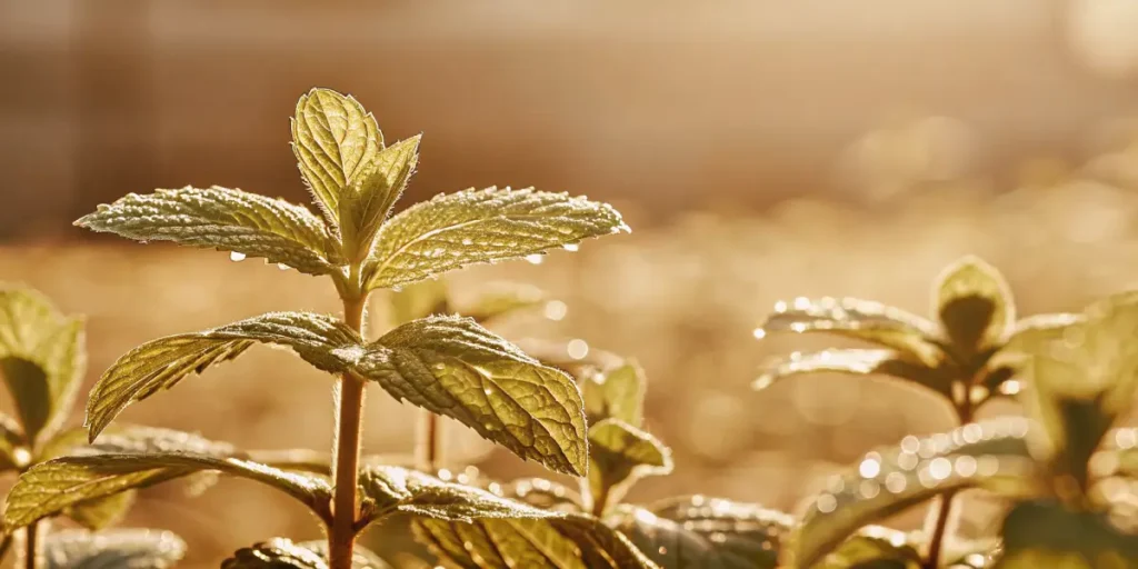 Mint plant leaves covered with morning dew, glowing under warm sunlight with golden tones and sharp leaf texture.