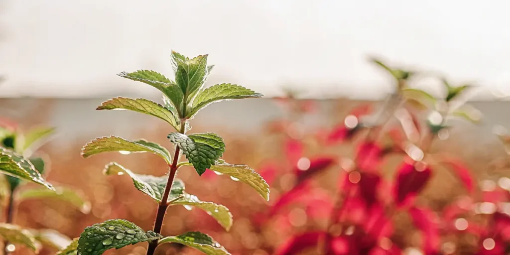 Mint plant with dew-covered leaves standing against a soft red and green blurred background in natural light.