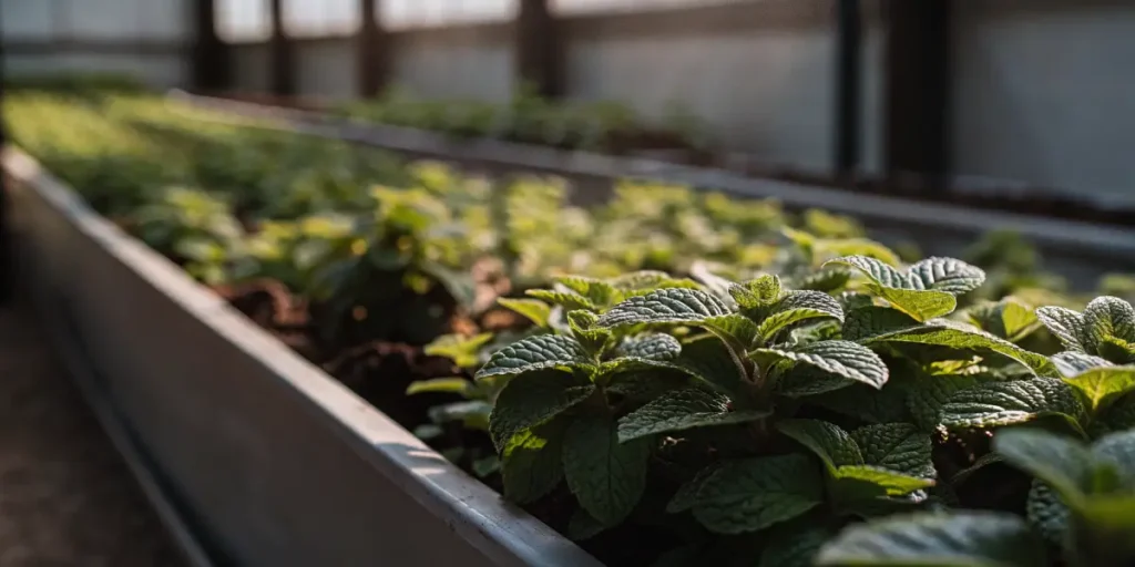 fresh mint plants growing in a greenhouse under natural light