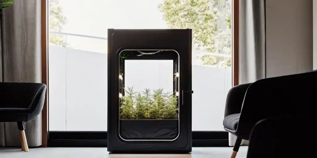 Modern cannabis grow cabinet with LED lighting illuminating dense plants inside.