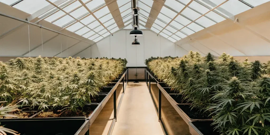 Modern cannabis indoor farming french montrant une culture intérieure organisée avec des rangées symétriques de plants de cannabis en floraison.