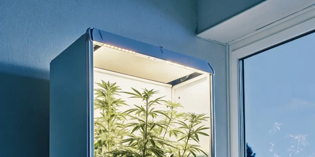 Modern indoor cannabis grow box placed beside a window with tall, healthy plants under bright LED lights.