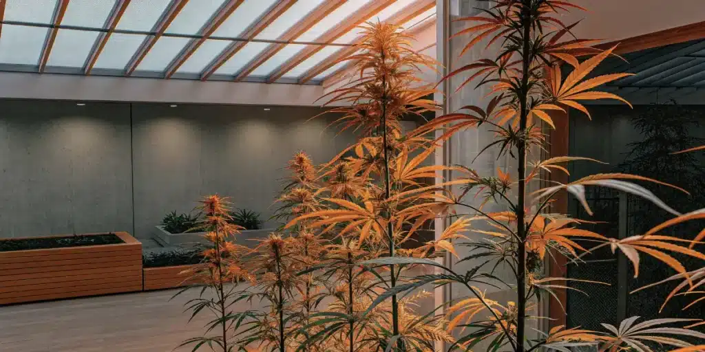 Indoor cannabis plants with amber-toned leaves growing under a glass ceiling in a contemporary space.