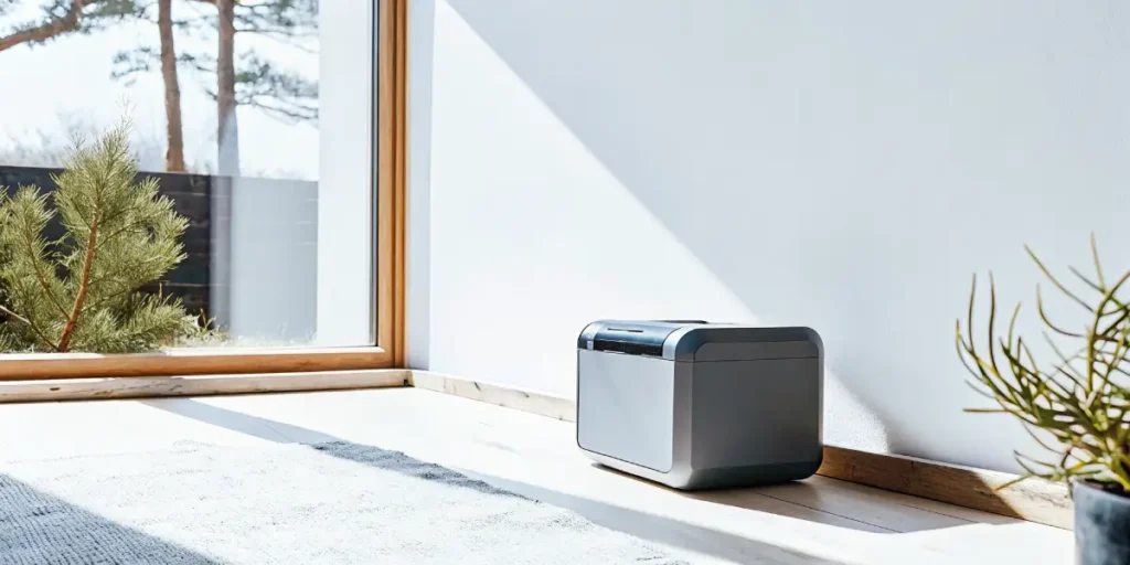 A modern cannabis grow box placed on the floor beside a large window in a bright minimalist home.