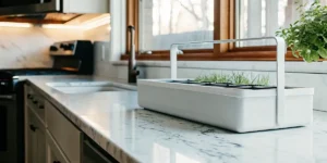 Smart indoor garden planter with LED grow light on a bright marble kitchen countertop.