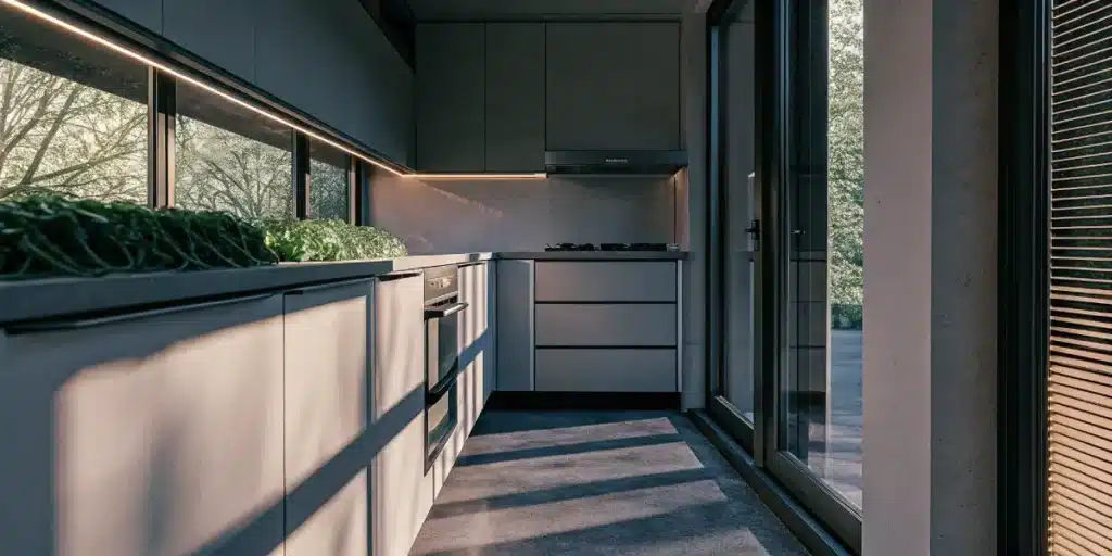 Modern kitchen with an indoor vegetable garden growing along the countertop.
