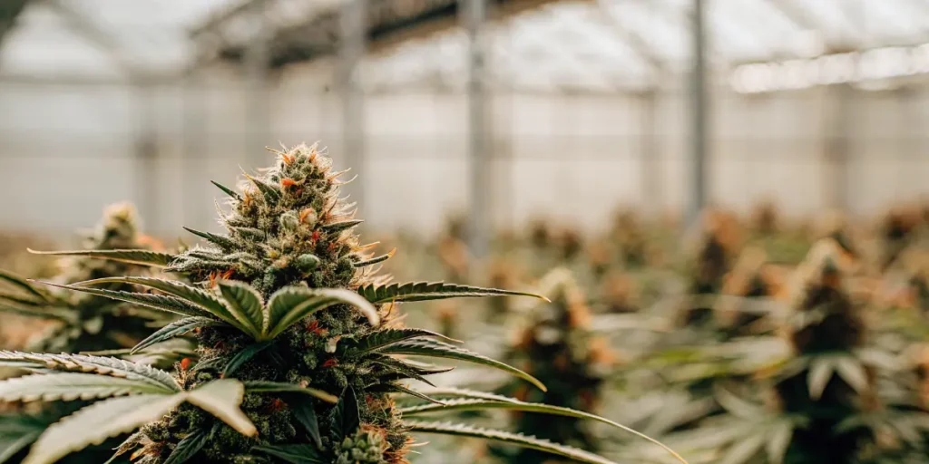 Close-up of a cannabis bud with orange pistils inside a greenhouse, surrounded by multiple flowering plants.
