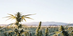 Outdoor cannabis plant flowering at sunrise in a large cultivation field with distant hills.