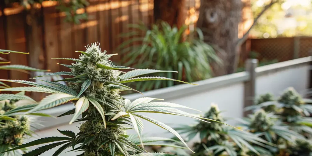 Outdoor cannabis plant in flowering stage with dense buds and long serrated leaves in a backyard garden.