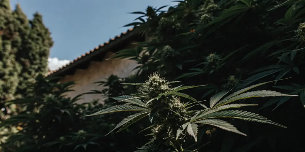 Outdoor cannabis plant growing along a house wall, showing a healthy flowering cola and lush green leaves in natural sunlight.