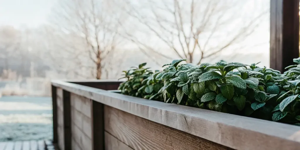 Fresh peppermint plants growing in a raised wooden planter outdoors during a cool season