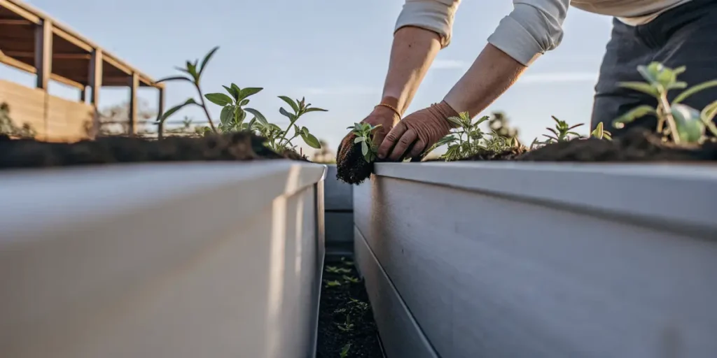Gardener carefully planting young mint seedlings in a raised garden bed under natural sunlight.