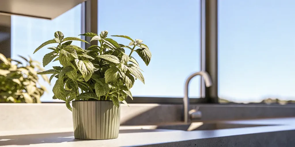 Potted mint plant placed on a kitchen windowsill with natural daylight highlighting fresh green leaves.