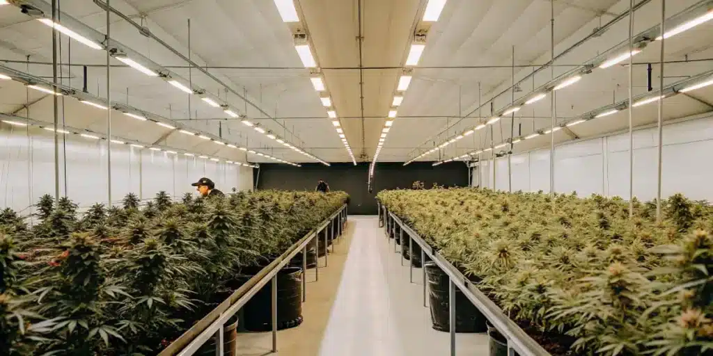 Professional indoor cannabis cultivation room with flowering plants arranged in rows under bright LED lights.