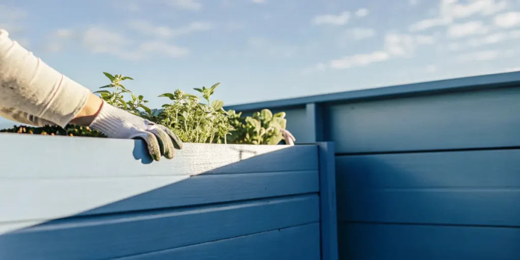 Gardener tending fresh mint plants growing in a raised planter box on a sunny terrace.