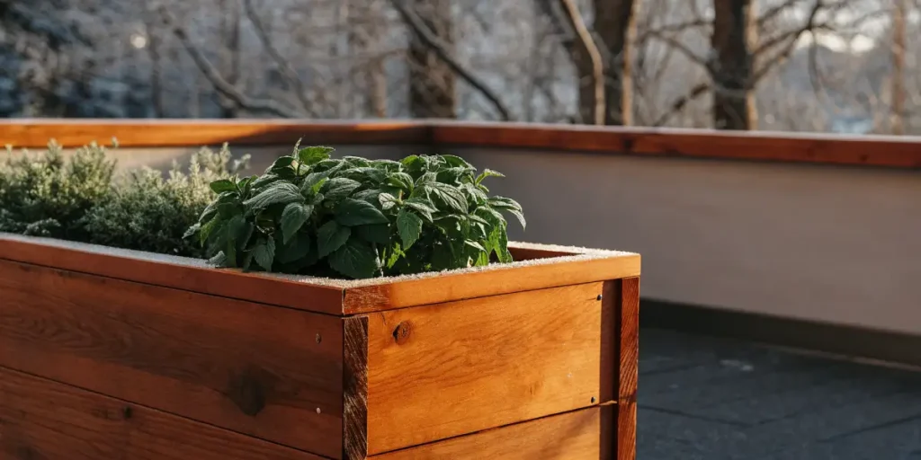Healthy peppermint plants growing in a raised wooden planter on a terrace