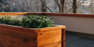 Healthy peppermint plants growing in a raised wooden planter on a terrace