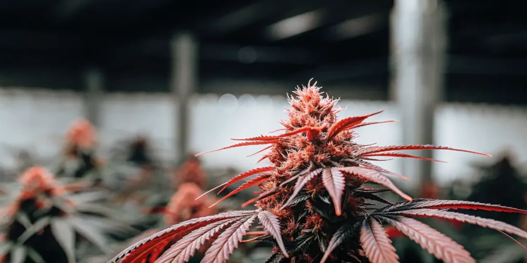 Close-up of a red-tinted cannabis plant in an indoor grow room, showcasing vibrant buds and colorful leaves.