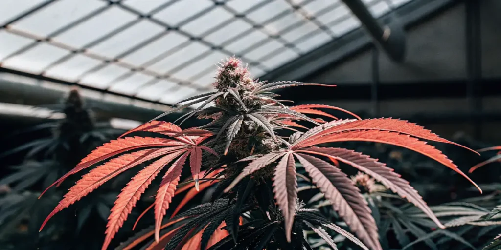 Cannabis plant with red and dark green leaves in flowering stage, growing inside a greenhouse with soft daylight.
