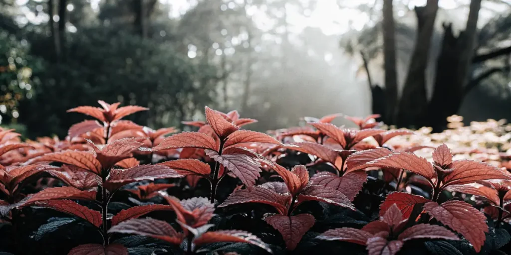 Red-toned mint plants growing in a shaded forest garden with soft sunlight in the background.
