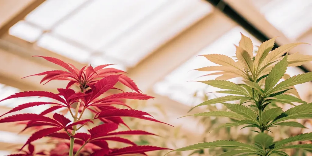 Red and green cannabis plants growing side by side in a greenhouse, showing leaf color variation during cultivation.