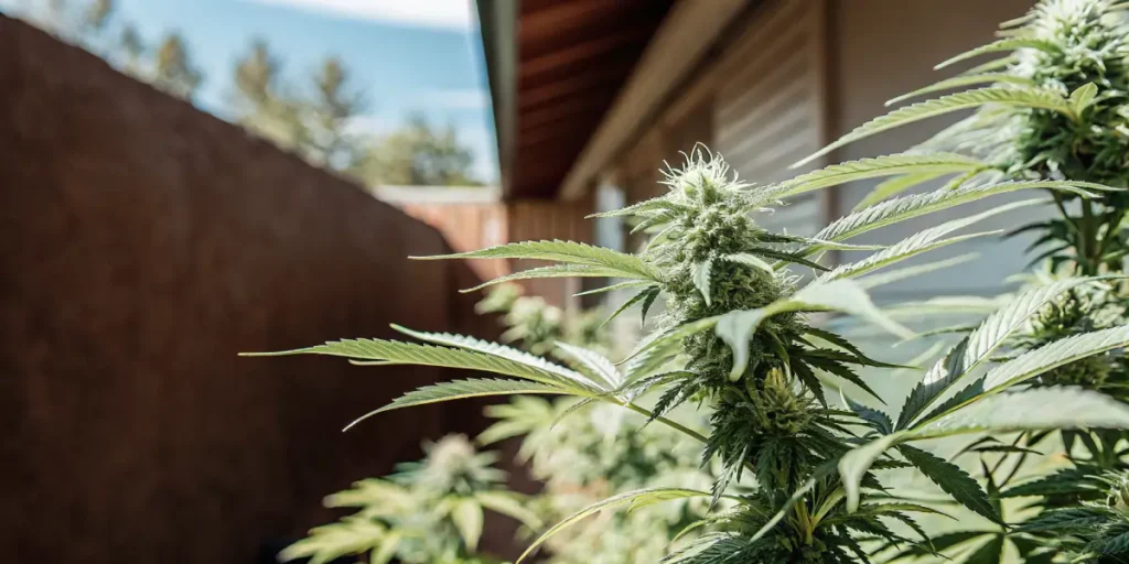 Residential outdoor cannabis plant in flowering stage with dense buds and extended leaves growing near a home structure.