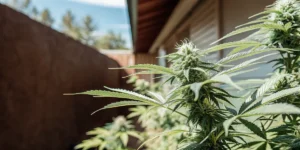 Residential outdoor cannabis plant in flowering stage with dense buds and extended leaves growing near a home structure.