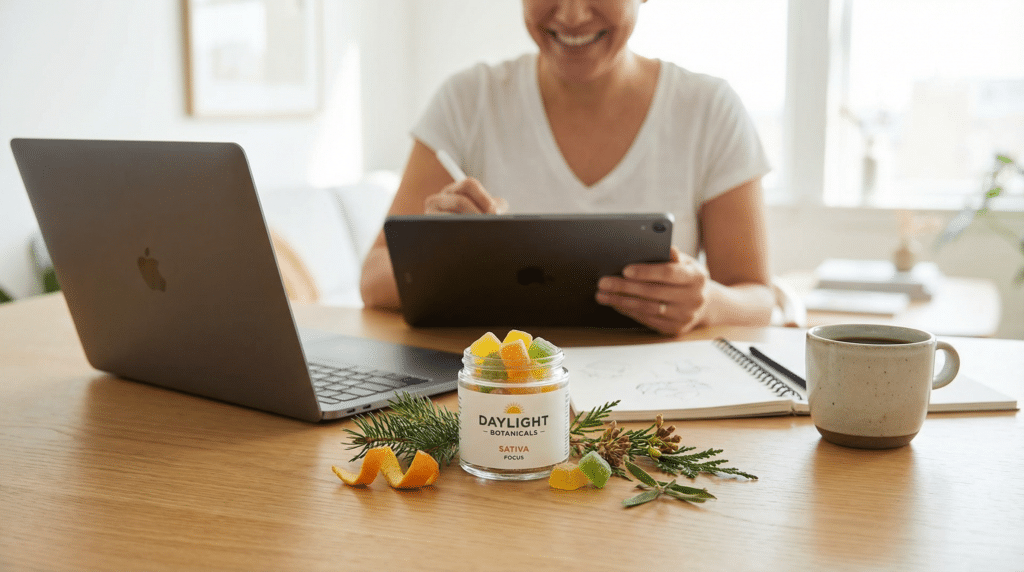 Sativa-gummies-focus-work-desk jar on a desk with laptop, tablet, coffee cup, and natural light workspace.
