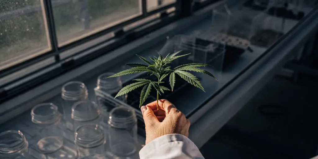 Researcher holding a young cannabis plant near a bright laboratory window