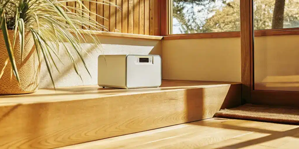 A sleek compact grow box placed on a sunlit wooden step inside a modern home.