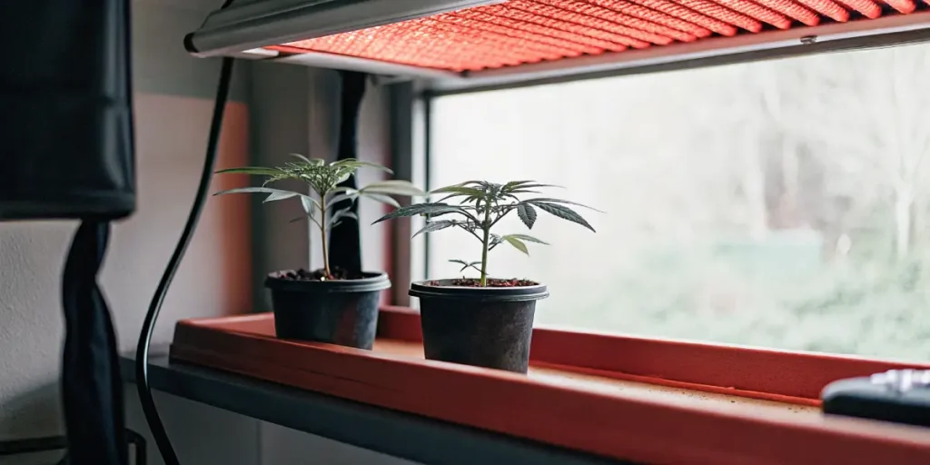 Small indoor cannabis seedlings in black pots placed under a red LED grow light.