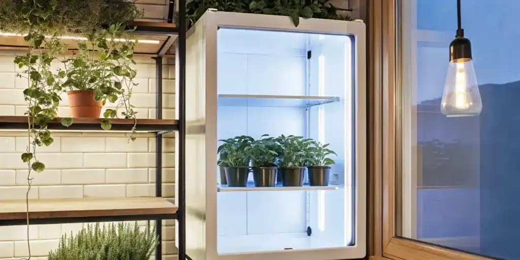 Smart grow box with LED lighting containing potted plants on shelves inside a modern indoor kitchen garden.
