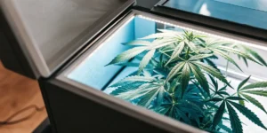 Close view of a sophisticated cannabis grow box with LED lighting nurturing healthy green plants.