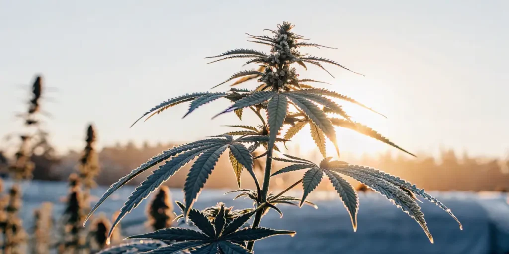 Sunlit cannabis plant with frosty leaves and a bright sunrise in the background.