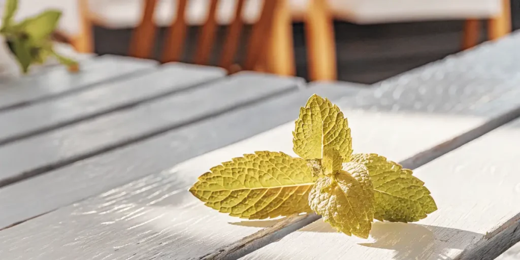 Sunlit mint leaf on a wooden surface, glowing with golden tones and crisp leaf texture.