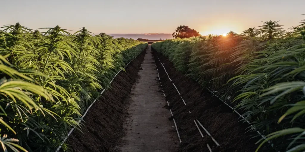 Outdoor cannabis plants growing in long irrigated rows during sunrise on a large agricultural farm.