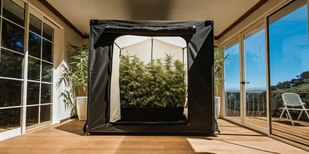 tente de culture remplie de plantes de cannabis denses dans une véranda lumineuse avec vue extérieure