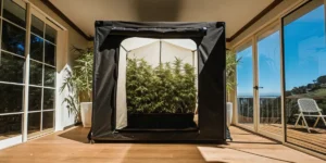 tente de culture remplie de plantes de cannabis denses dans une véranda lumineuse avec vue extérieure