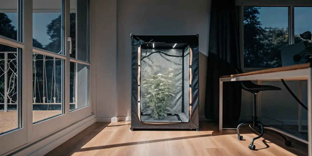 tente de culture intérieure avec une jeune plante de cannabis dans un salon moderne et lumineux