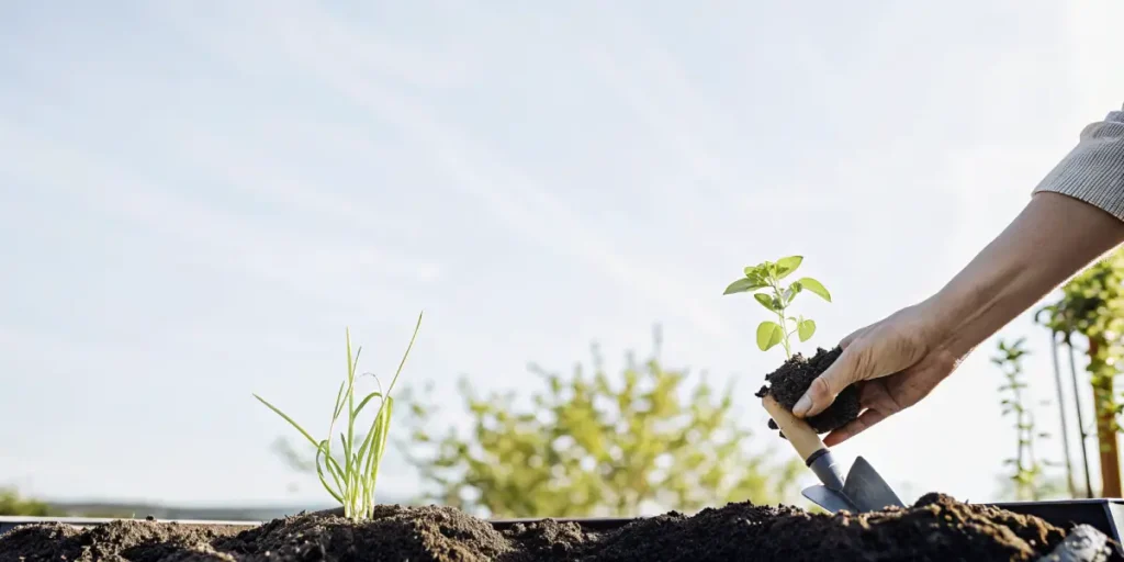 Gardener holding a mint plant with soil roots while transplanting it into an outdoor garden bed.