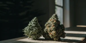 Two dense cannabis buds placed side by side on a wooden surface under natural sunlight.