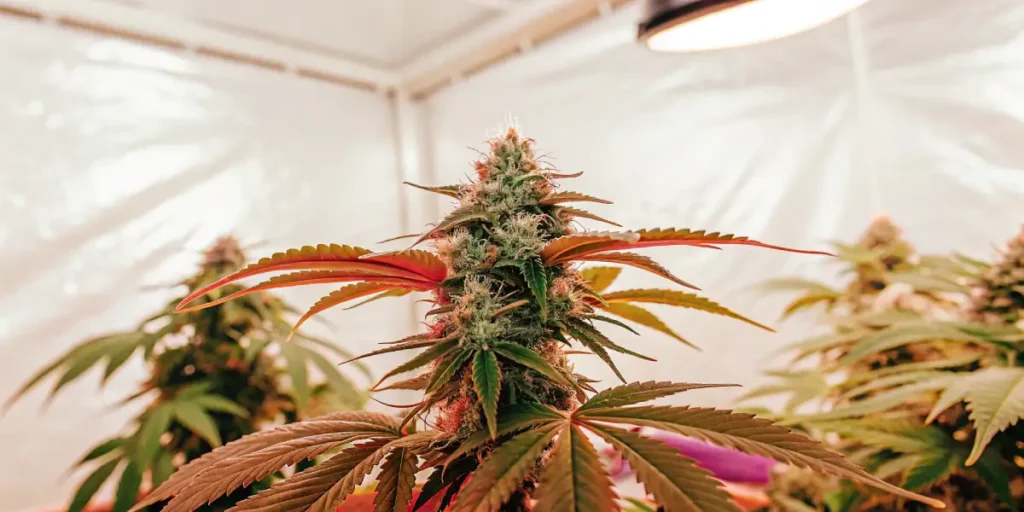 Close-up of a vibrant cannabis plant with red-tinged leaves growing inside a controlled indoor grow tent.