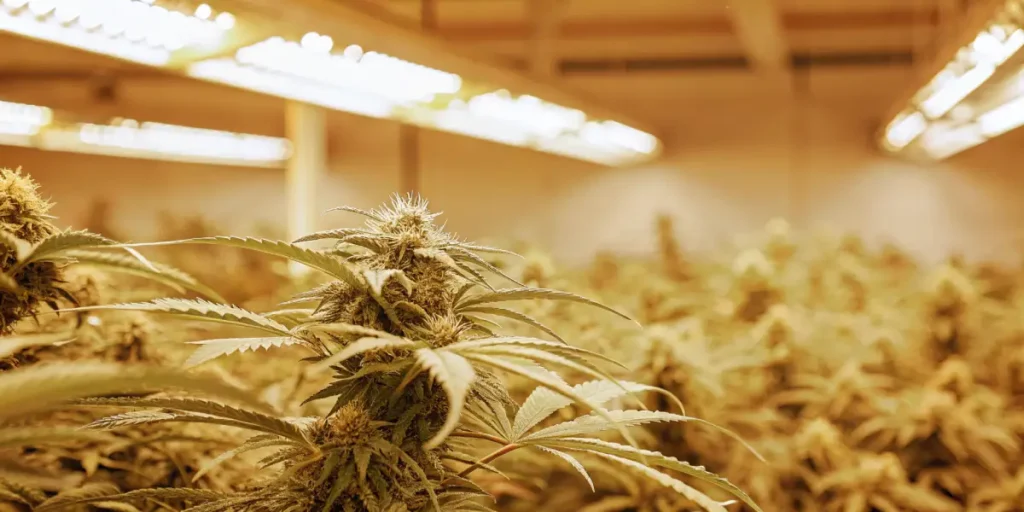 Mature cannabis buds in a warm-lit indoor grow room.
