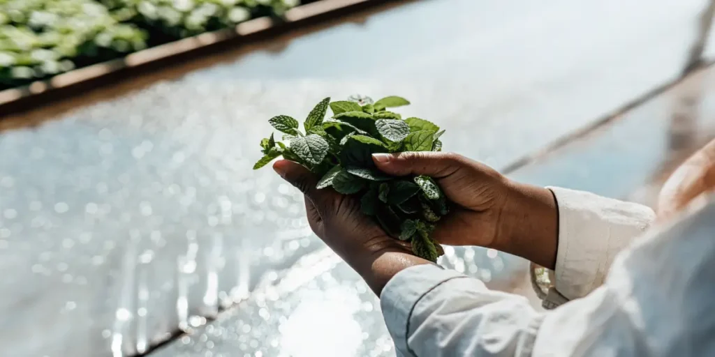 Hands rinsing fresh mint leaves with water under natural light in an indoor kitchen environment