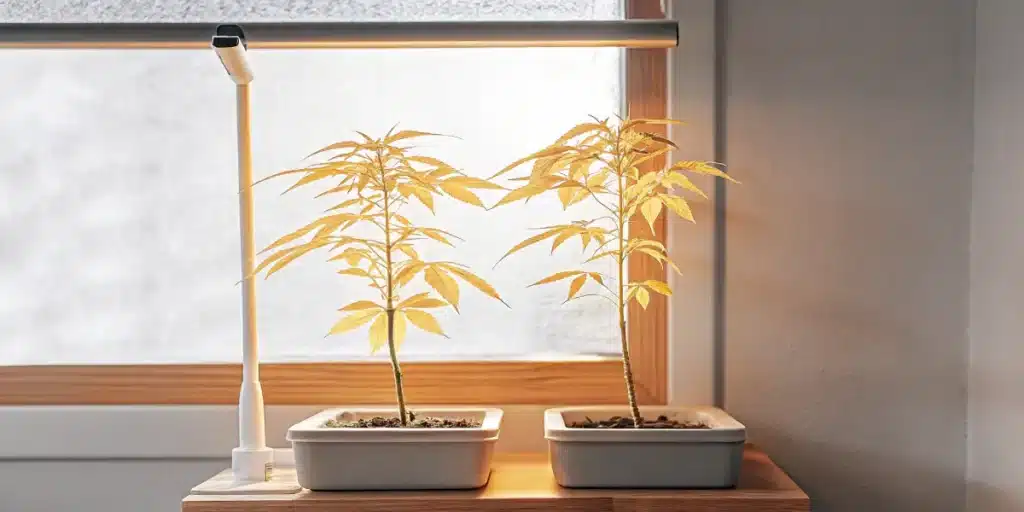 Two young cannabis plants in rectangular pots illuminated by a warm white grow light.
