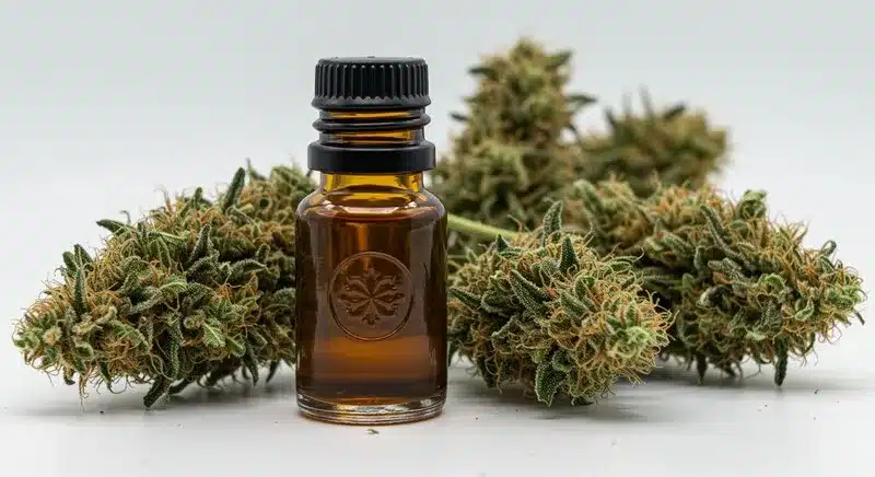 Harlequin x Bubba Kush Regular dried buds beside amber CBD oil, showcasing its balanced hybrid profile and high cannabidiol content.