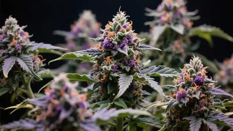 Jungle Wreck flowers covered in trichomes and deep purple tones, producing a strong tropical aroma and resin production.