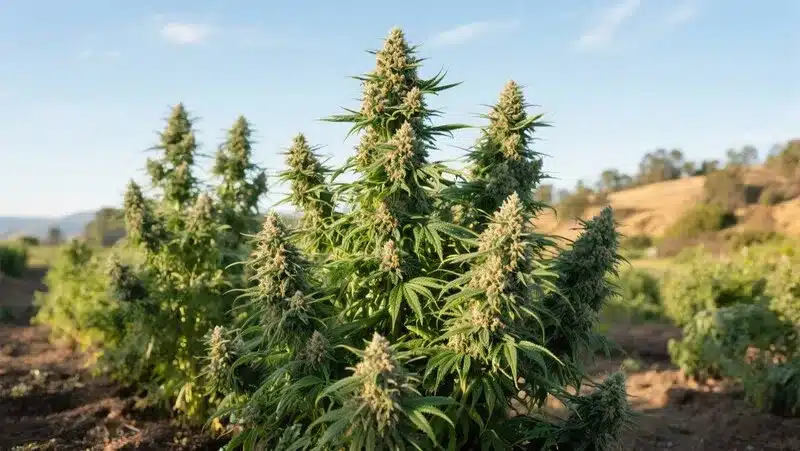 Green Crack x Do-Si-Dos growing outdoors under bright sunlight, producing tall, resinous buds with sweet and earthy terpene profiles.