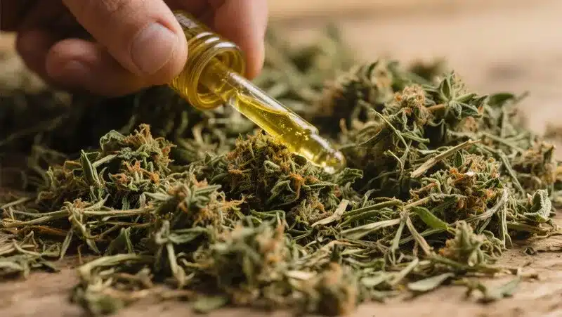 Green Crack x Somango buds with a dropper of golden cannabis oil, showcasing the strain’s rich resin content and tropical mango flavor profile.